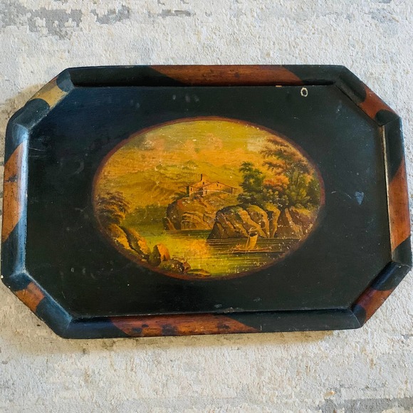 Antique Wooden Butler Serving Tray With Scenic Hand Painted Art In Center